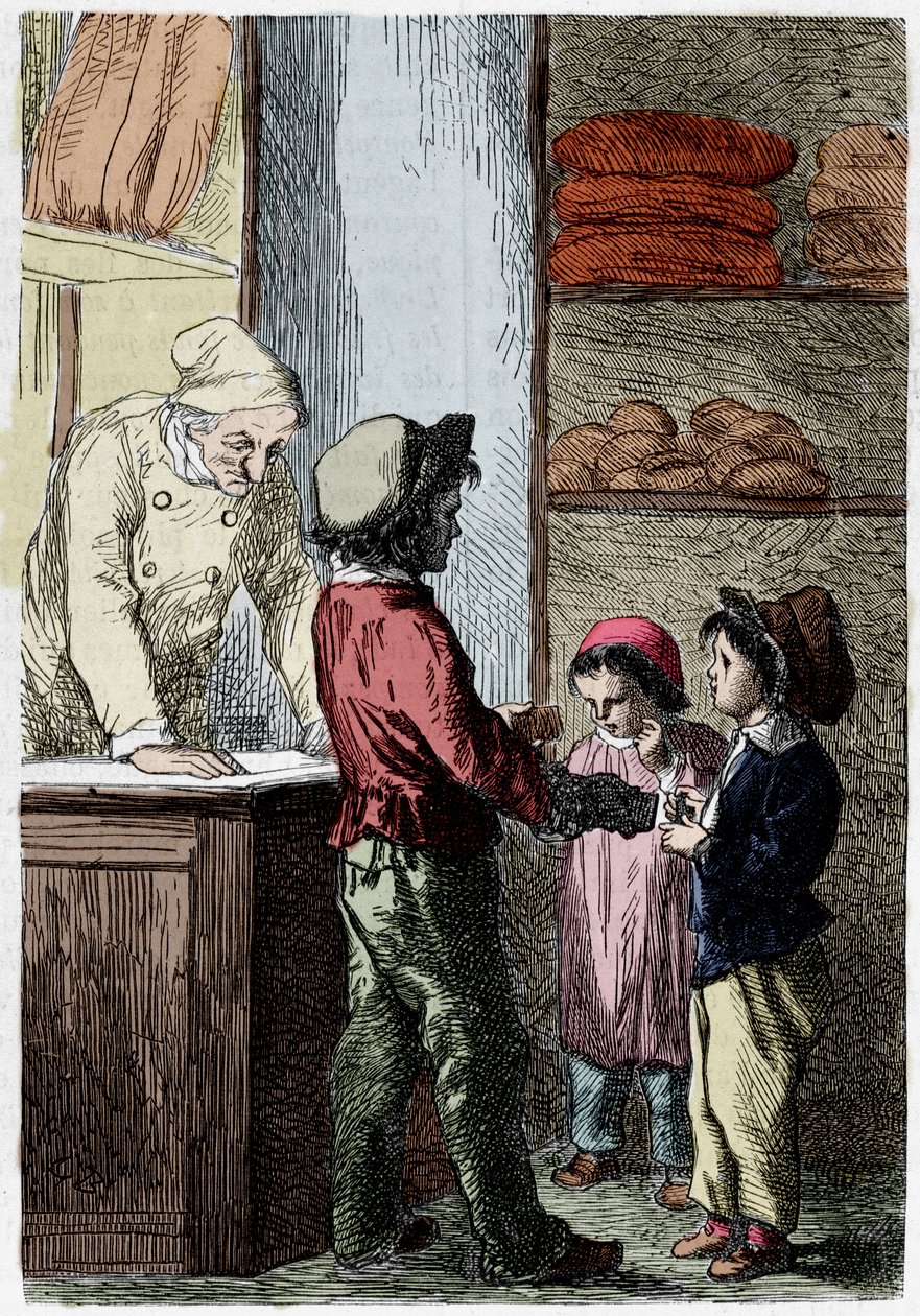 Gavroche gives bread to children - in 