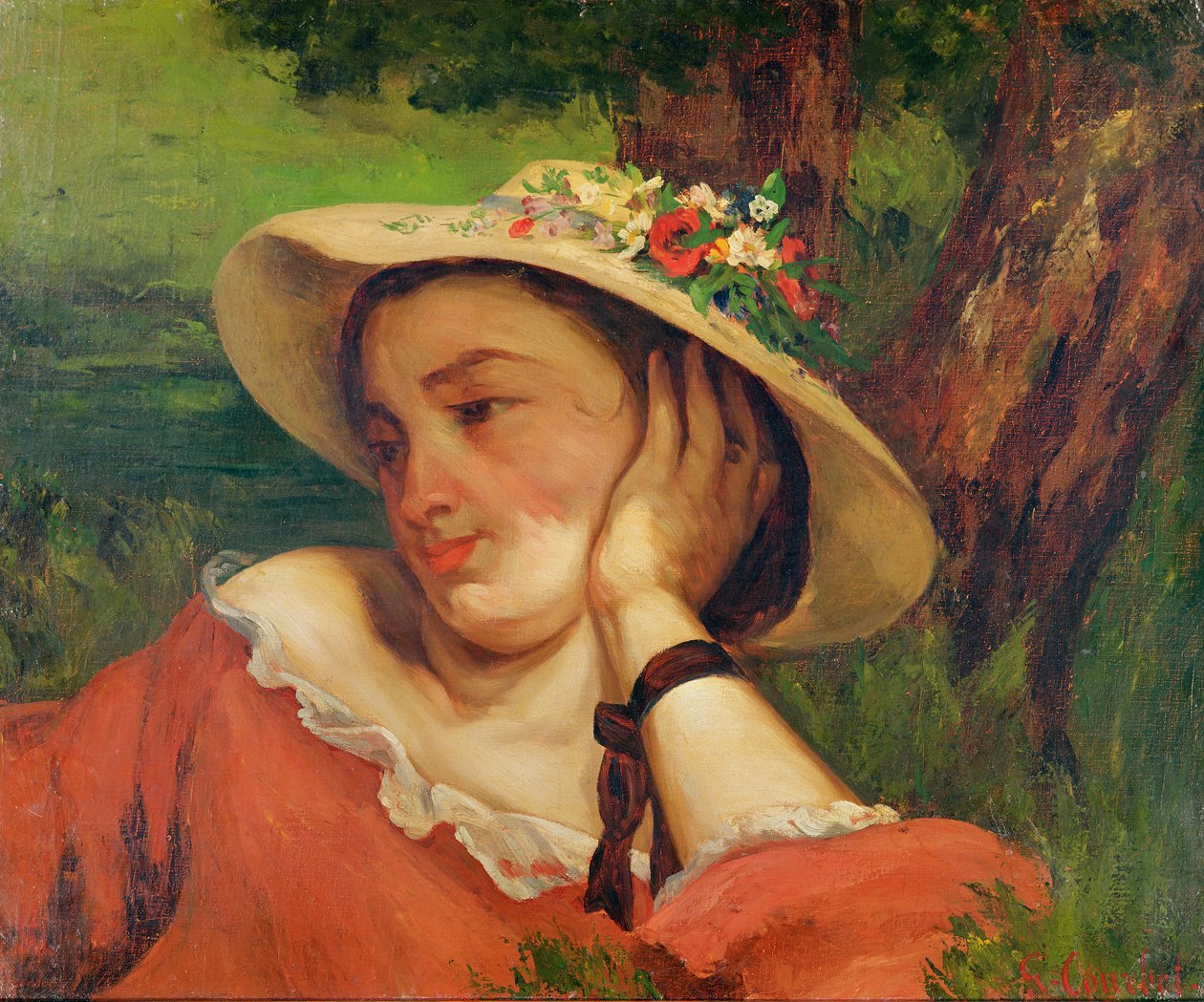 Woman in a Straw Hat with Flowers, c.1857 by Gustave Courbet