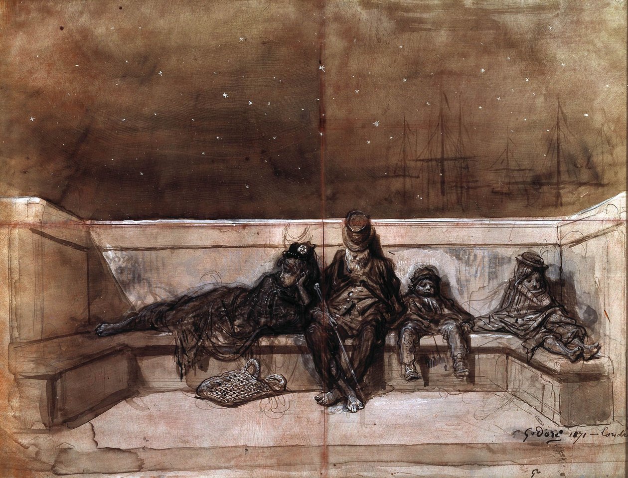 A Couple and Two Children Sleeping on a London Bridge by Gustave Dore