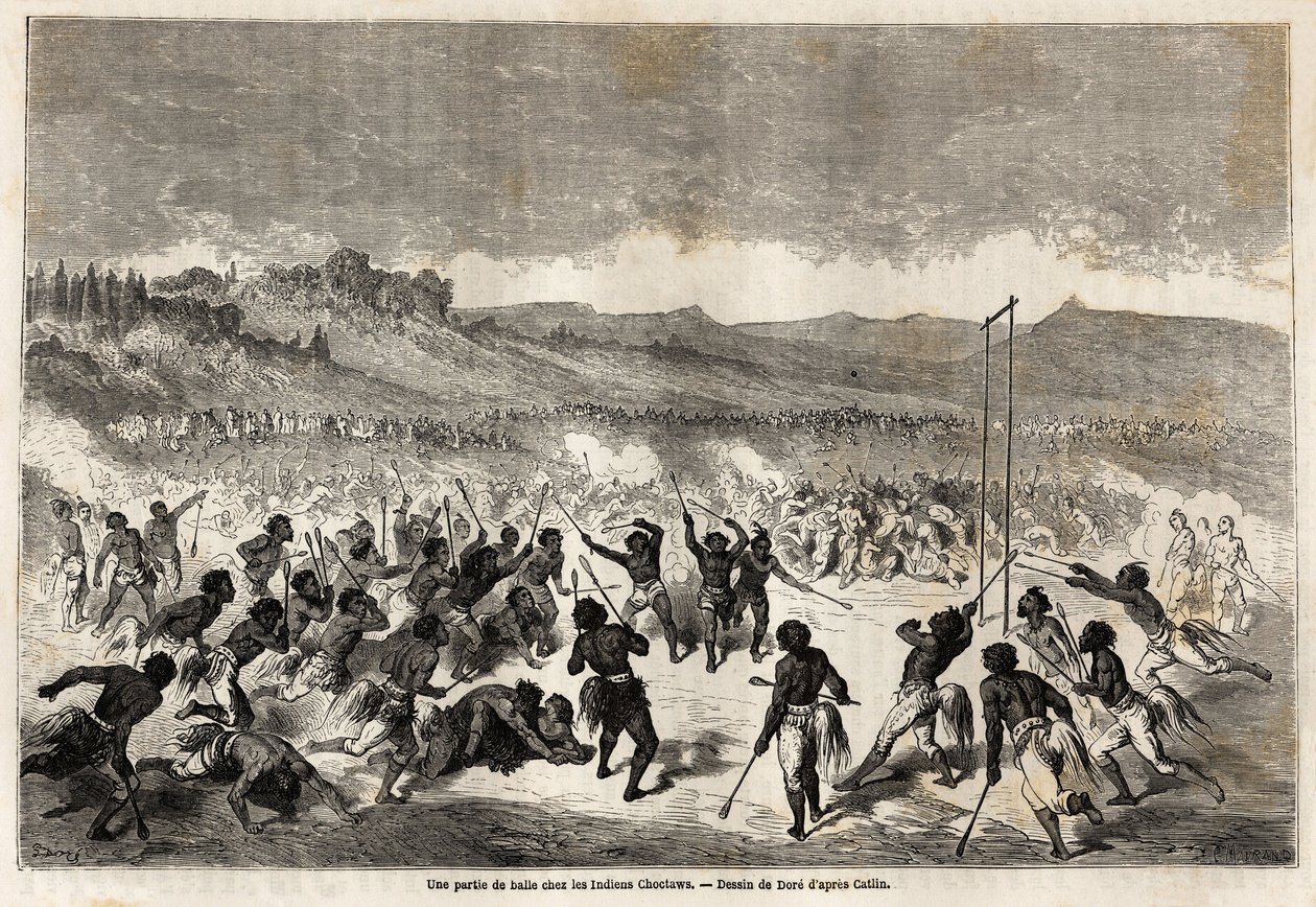 A ball game among the Choctaw Indians, tribe of the Mississippi region, drawn by Gustave Dore, to illustrate the Mississippi voyage to the Pacific Ocean in 1853-54 by Baudouin Mollhausen. Engraving in 