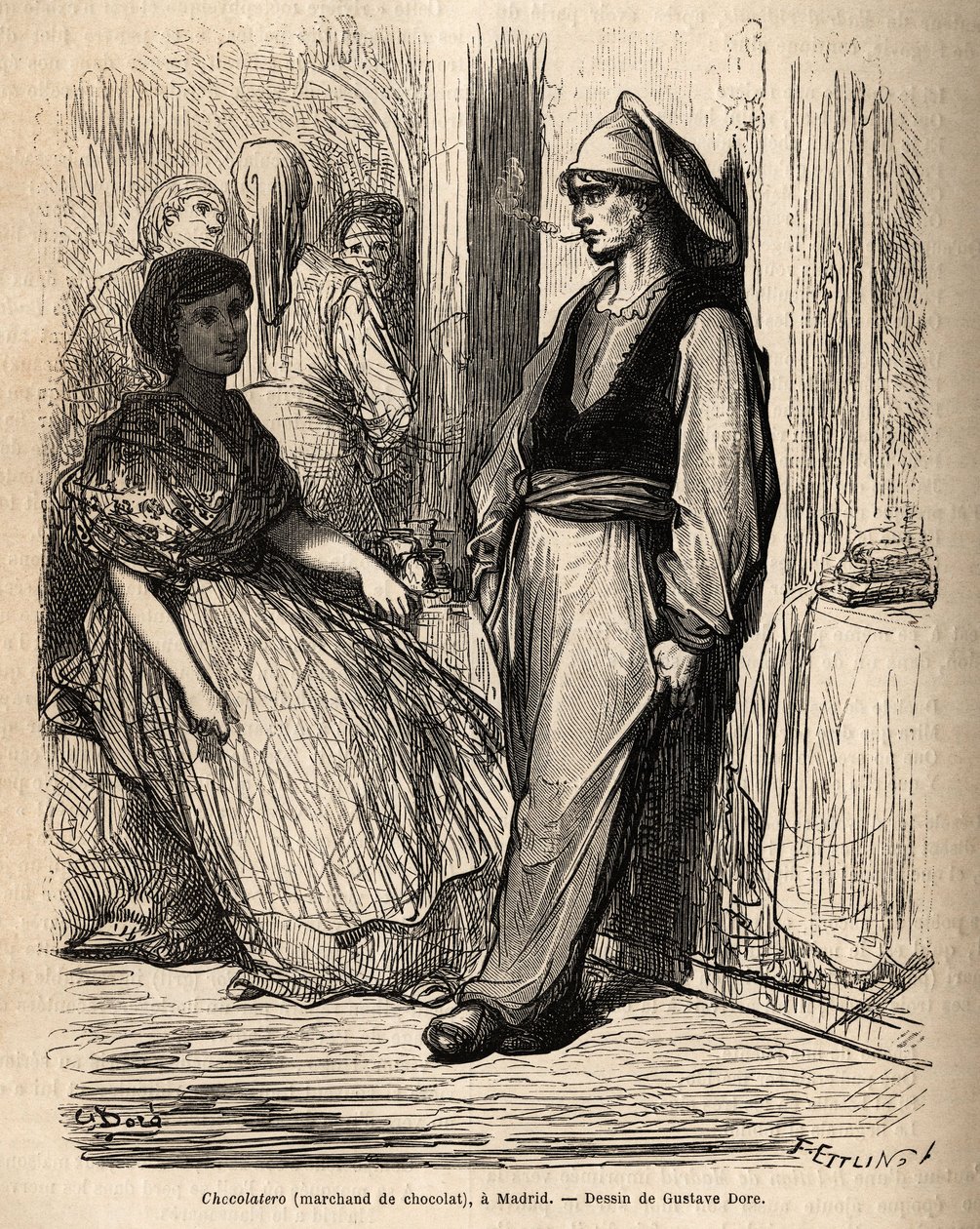 A chocolate dealer in the open air, sketch on the lively taken in Madrid. Engraving by Gustave Dore (1832-1883) to illustrate his trip to Spain, with Ch. Davillier (editor), in 1862, published in Le tour du monde 1869, edited by Edouard Charton, Hachette by Gustave Dore