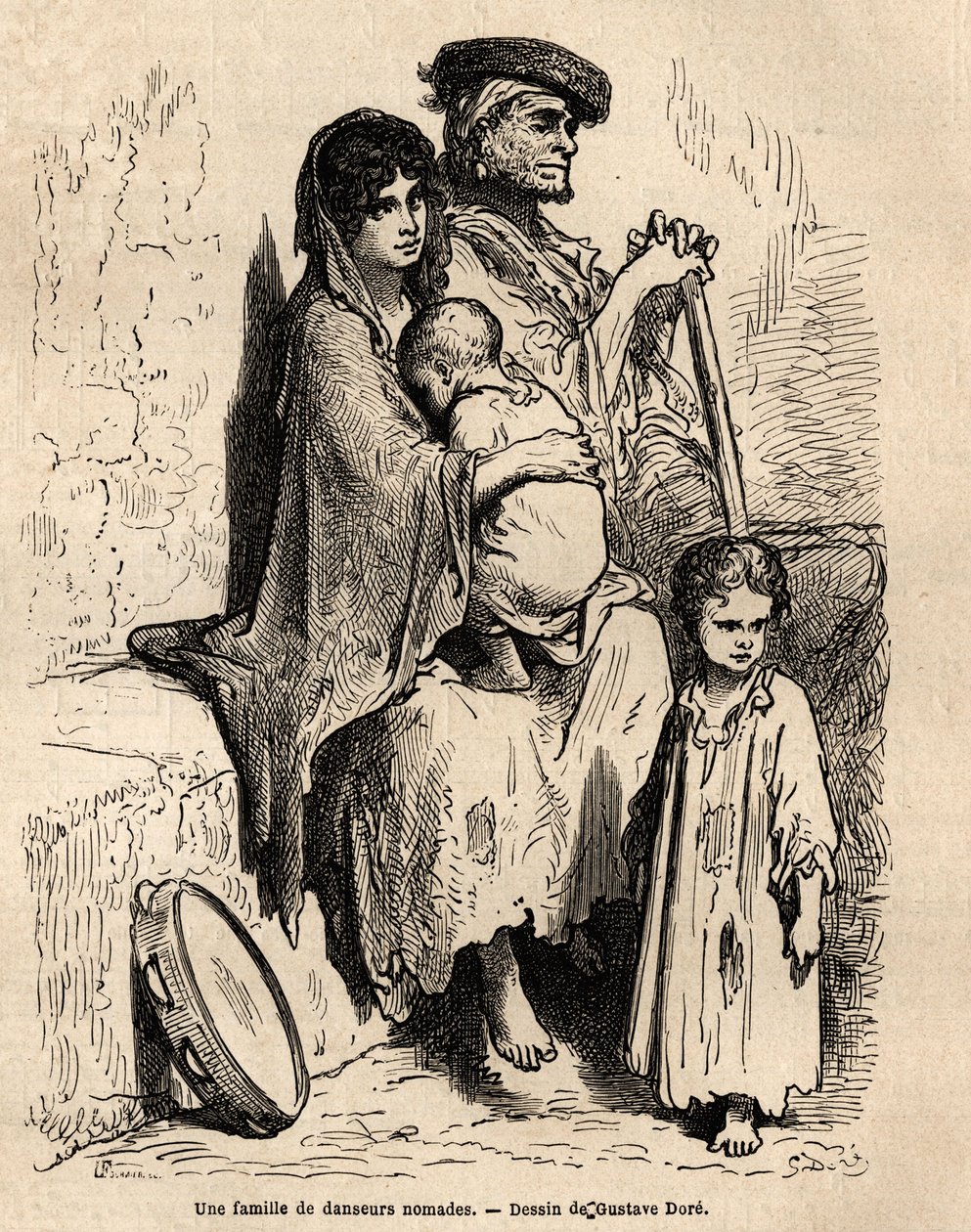 A family of nomadic dancers resting in the streets of Seville. Sketch taken on the live by Gustave Dore. Engraving to illustrate the voyage in Spain, in 1862 by Charles Davillier and Gustave Dore, in Le tour du monde, nouveau journal des voyages by Gustave Dore