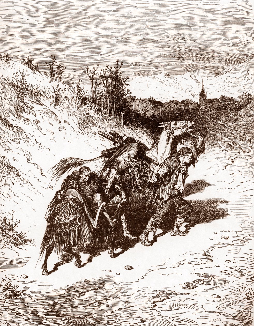 A Plowman from His Own Village Brings Quixote Home (engraving) by Gustave Dore