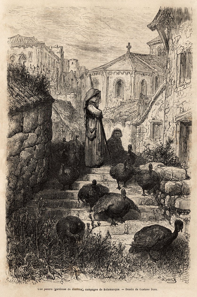 A turkey keeper in the streets of a village in the countryside of Salamanca. Drawing by Gustave Dore illustrating a voyage in Spain by Charles Davillier, published in 
