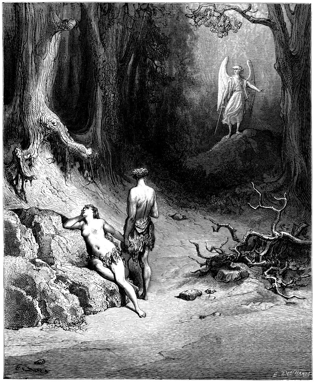 Adam and Eve are hunting from Paradise. Illustration by Gustave Dore for “Paradise Lost” by John Milton. Engraving from 1866. Private Collection by Gustave Dore