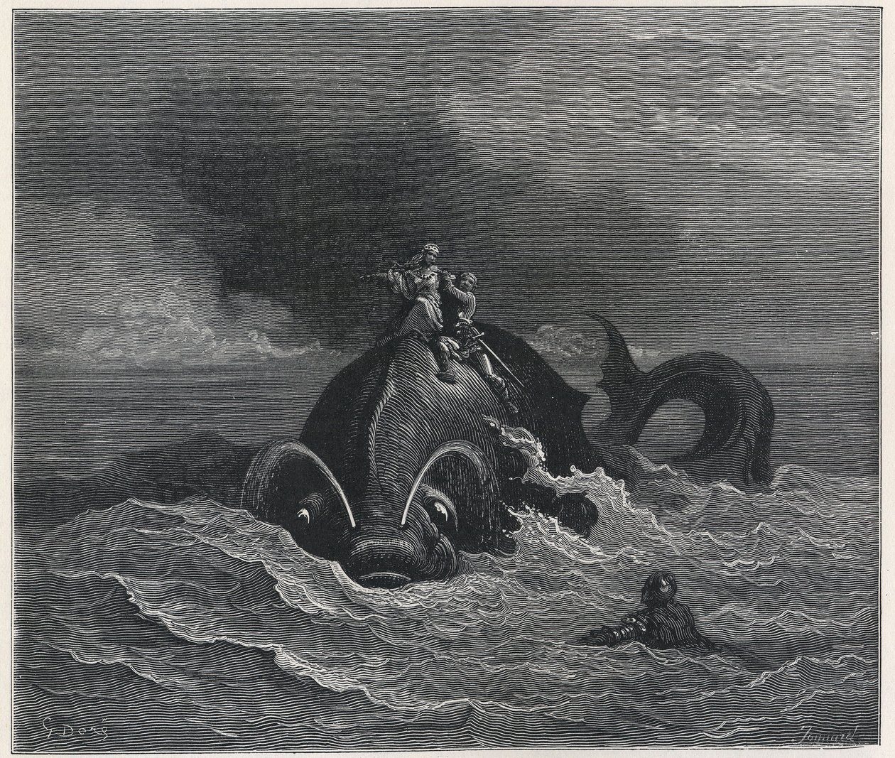 Alcina and Renaud carrying Astolfo on the back of a whale (Orlando Furioso) by Ludovico Ariosto (engraving) by Gustave Dore