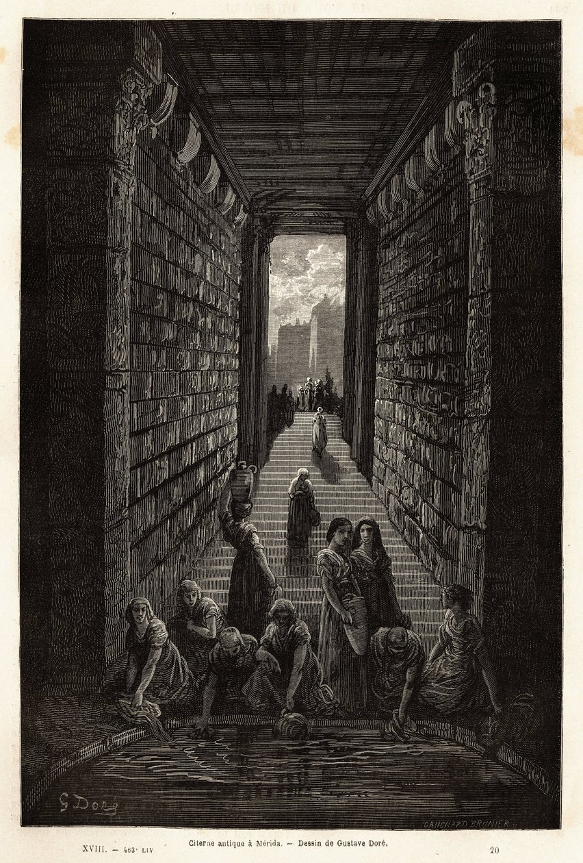 An antique cistern, still in use, in Merida. Engraving to illustrate the voyage to Spain by Gustave Dore (1832-1883) illustrator and Baron Ch. Davillier reactor, in 1862, published in Le tour du monde, nouveau journal des voyages, under the direction of by Gustave Dore