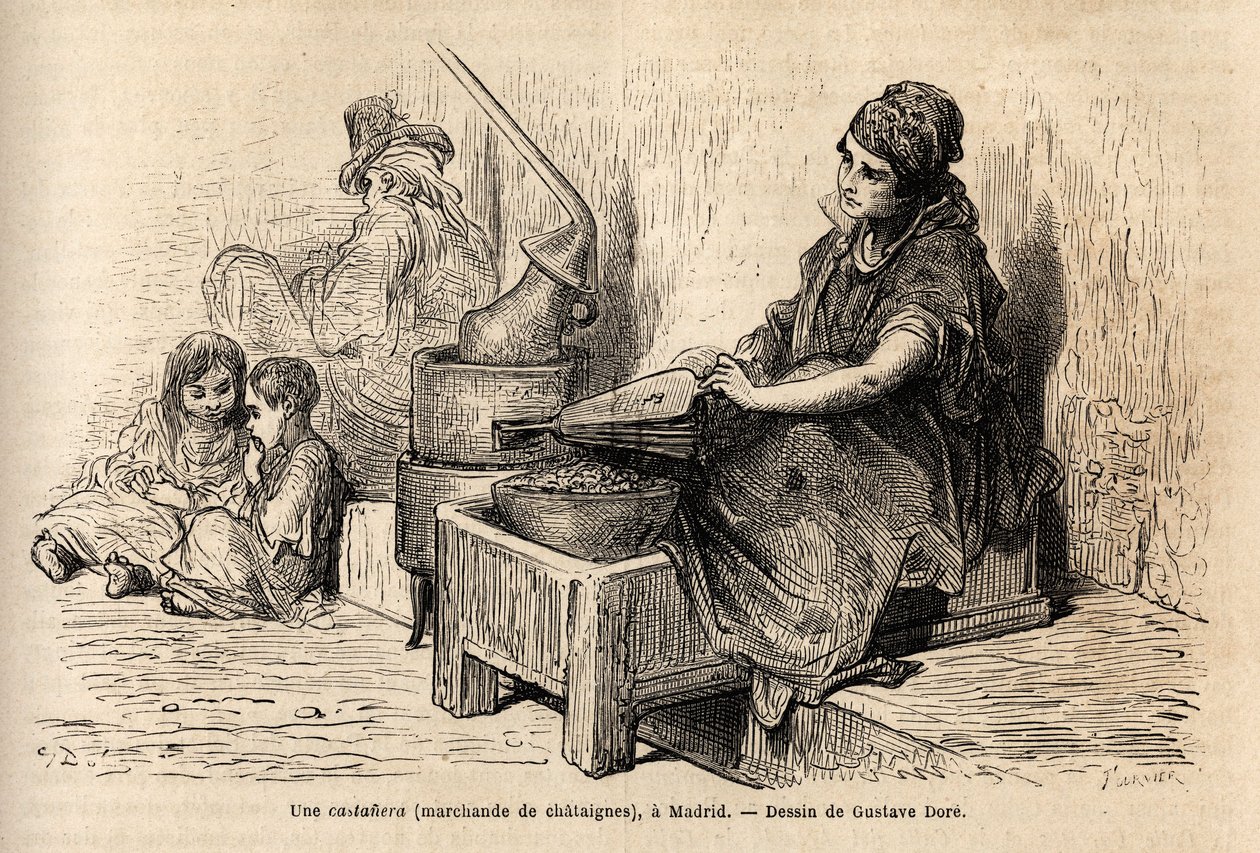 An open-air chestnut merchant, with her portable oven, sketch on the vivid in the Puerta del Sol, in Madrid. Engraving by Gustave Dore (1832-1883) to illustrate his trip to Spain, with Ch. Davillier (editor), in 1862, published in 