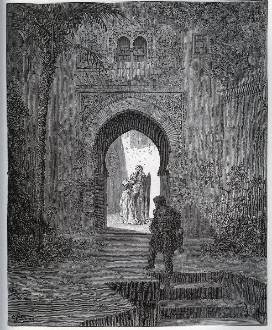 Captive Story. First Encounter of the Captive with Zoraide in the Garden of the Father, Who Brings Her Back After His Malaise Feint - from "Don Quixote de la Mancha" by Miguel Cervantes by Gustave Dore