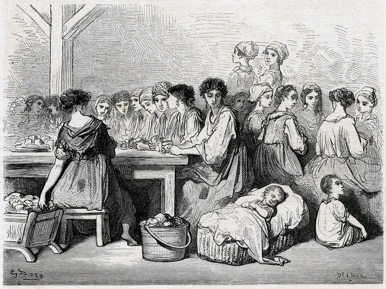 Cigarreras of Seville. Manufacture of cigars, workers, tobacco. Drawing by Gustave Dore illustrating the Voyage en Espagne by Charles Davillier by Gustave Dore