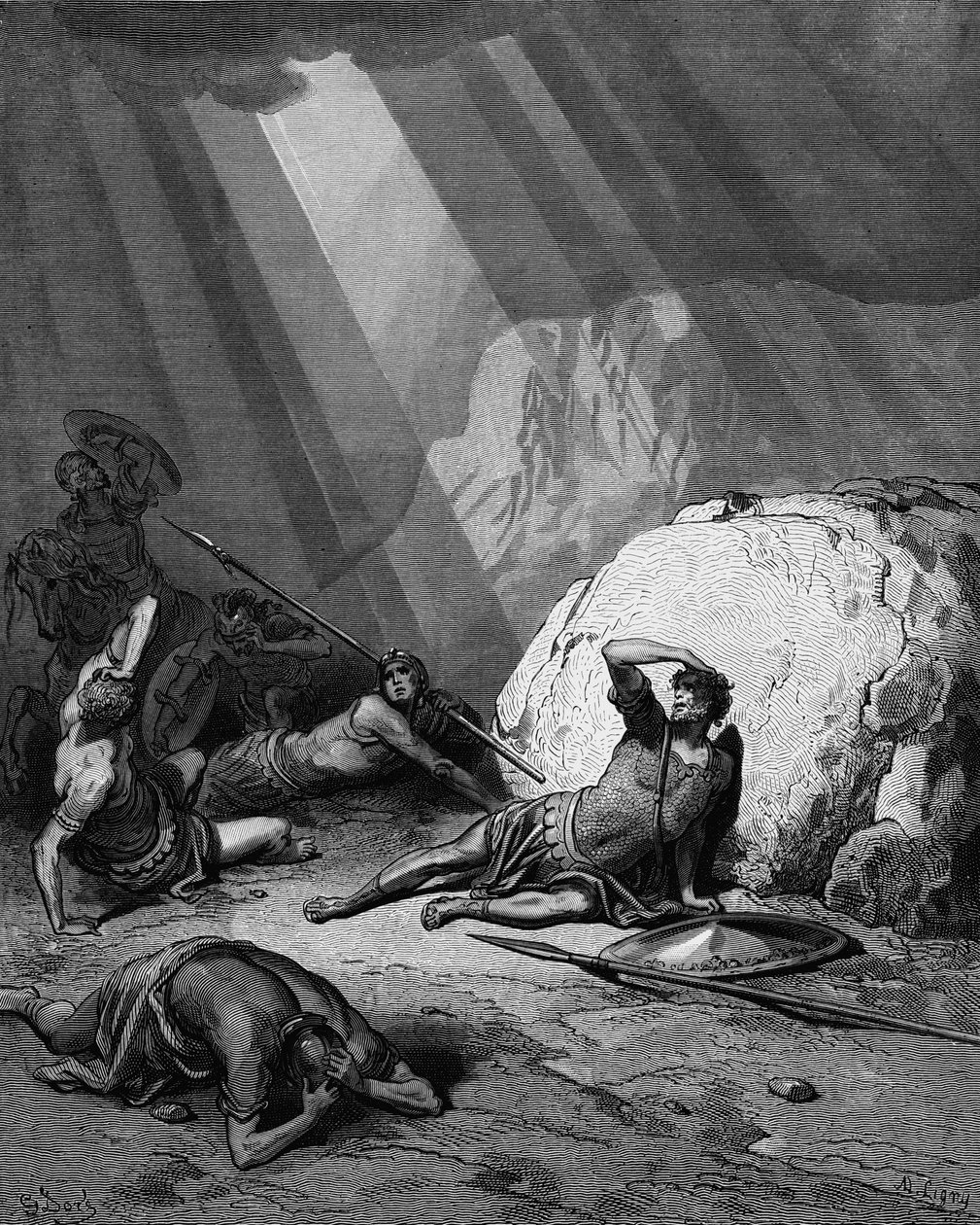 Conversion of St Paul on the Road to Damascus. Acts 9. From Gustave Dore Bible 1865-1866. Wood Engraving. Power of God Depicted as a Shaft of Light. by Gustave Dore