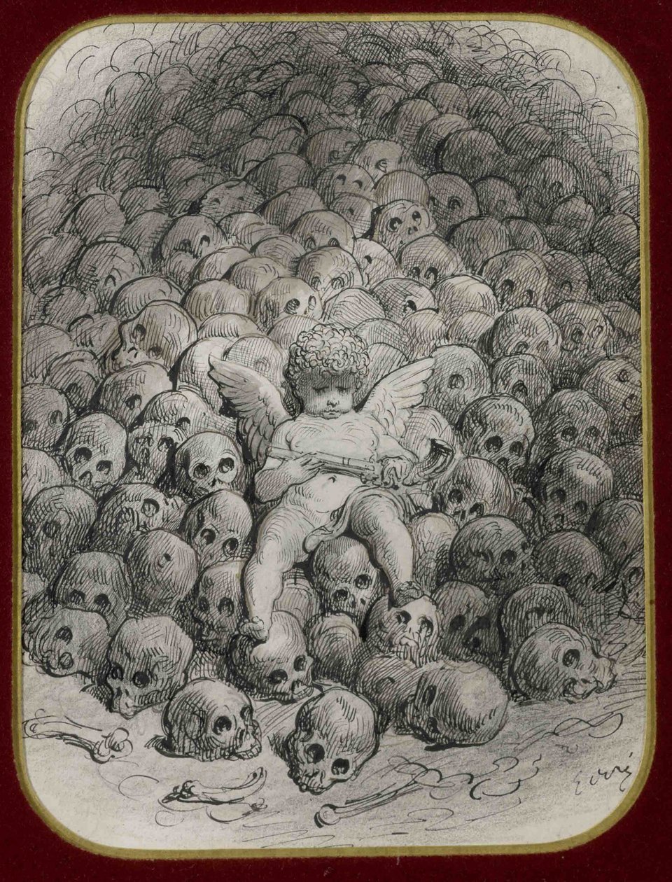 Cupid with a Pistol on Top of a Mountain of Skulls