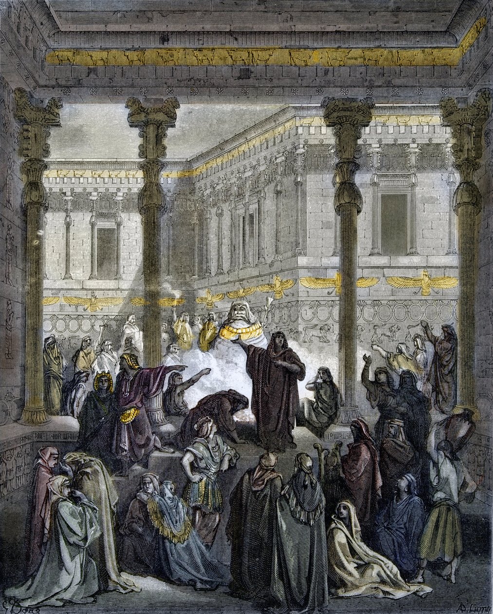Daniel confounding the priests of Baal - engraving in “The Bible Illustrated” by Gustave Dore - Engraving from “The Dore Bible” by Gustave Dore