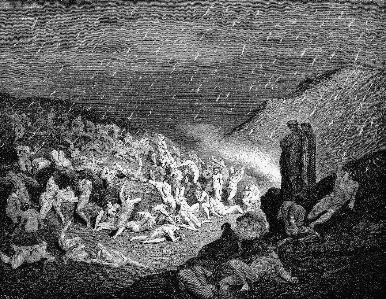 Dante and Virgil looking down upon souls in torment in the inferno by Gustave Dore