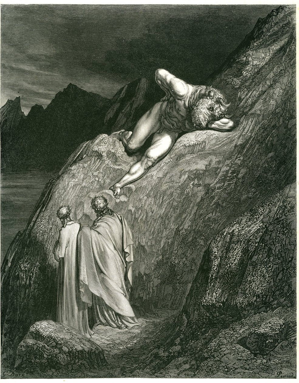 Dante and Virgil meet the Minotaur. Engraving from The Hell by Dante Alighieri (the Divine Comedy) illustrated by Gustave Dore. French edition of 1861. "E in su la punta della rotta lacca/L