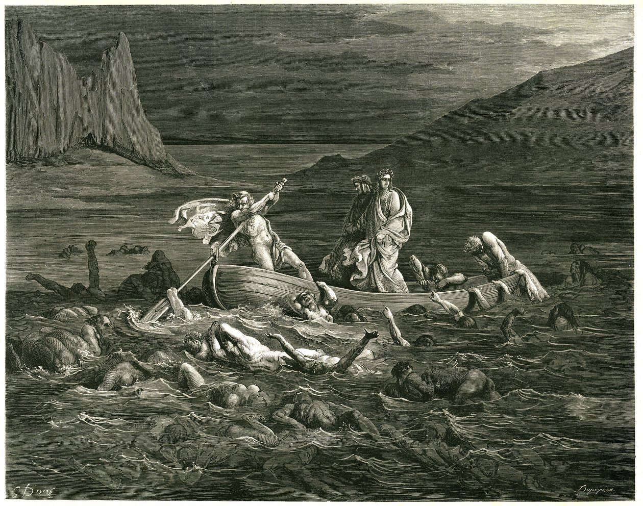 Dante and Virgil sail, led by the Nocher Phlegyas, on the Styx in which damns are wading, who try to climb into the boat. Engraving from The Hell by Dante Alighieri (the Divine Comedie) illustrated by Gustave Dore. French edition of 1861. by Gustave Dore