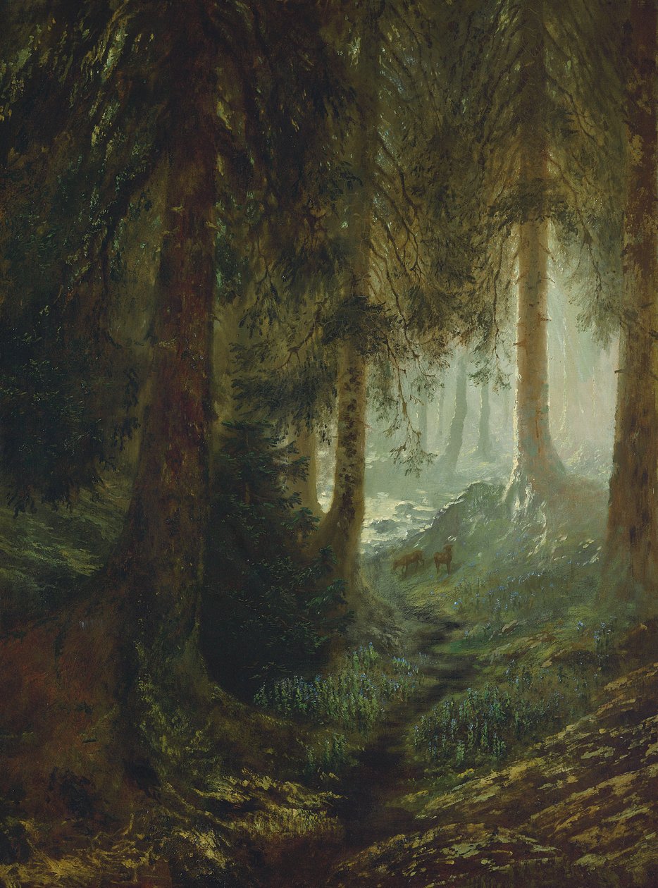 Deer in a forest landscape by Gustave Dore