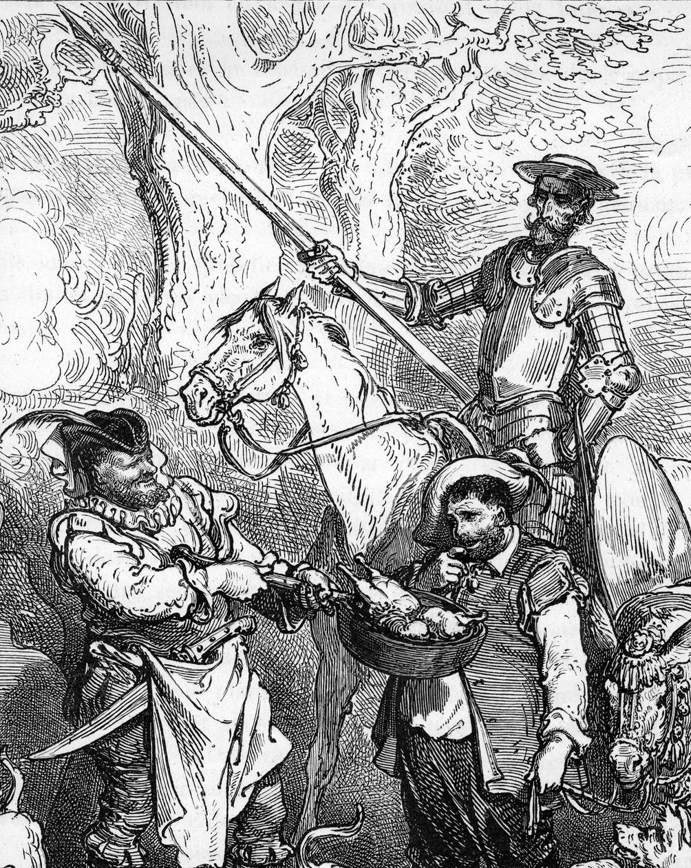 Don Quixote throws by hand and rides on his horse Rossinant is ready to go on adventure. His faithful squire, the gourmet Sancho Panza, hesitates in front of a good meat dish. Detail of an Engraving by Gustave Dore illustrating by Gustave Dore