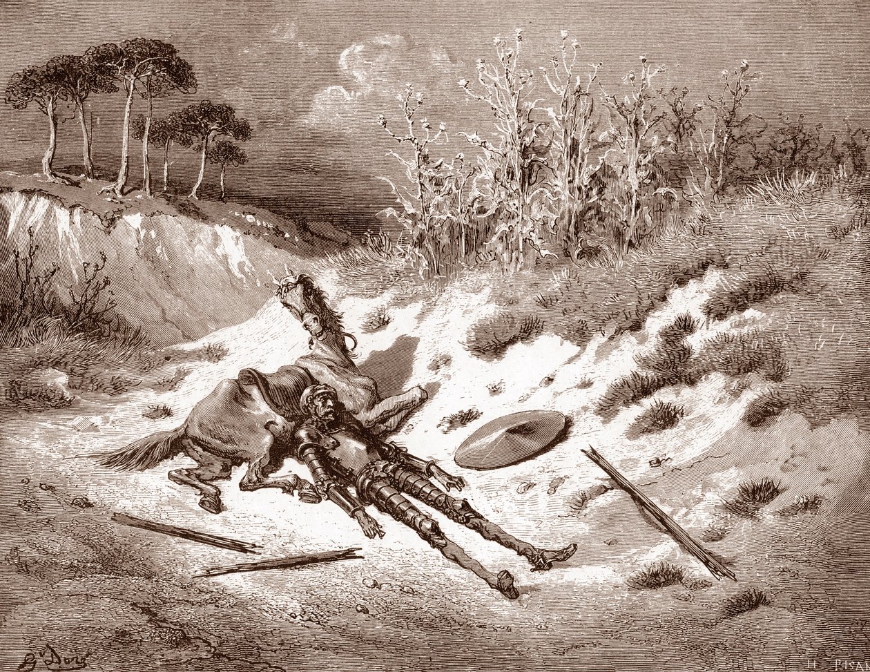 Don Quixote After His Beating, Quixote Calls for His Ideal Lady Dulcinea del Toboso (Engraving by Gustave Dore for 