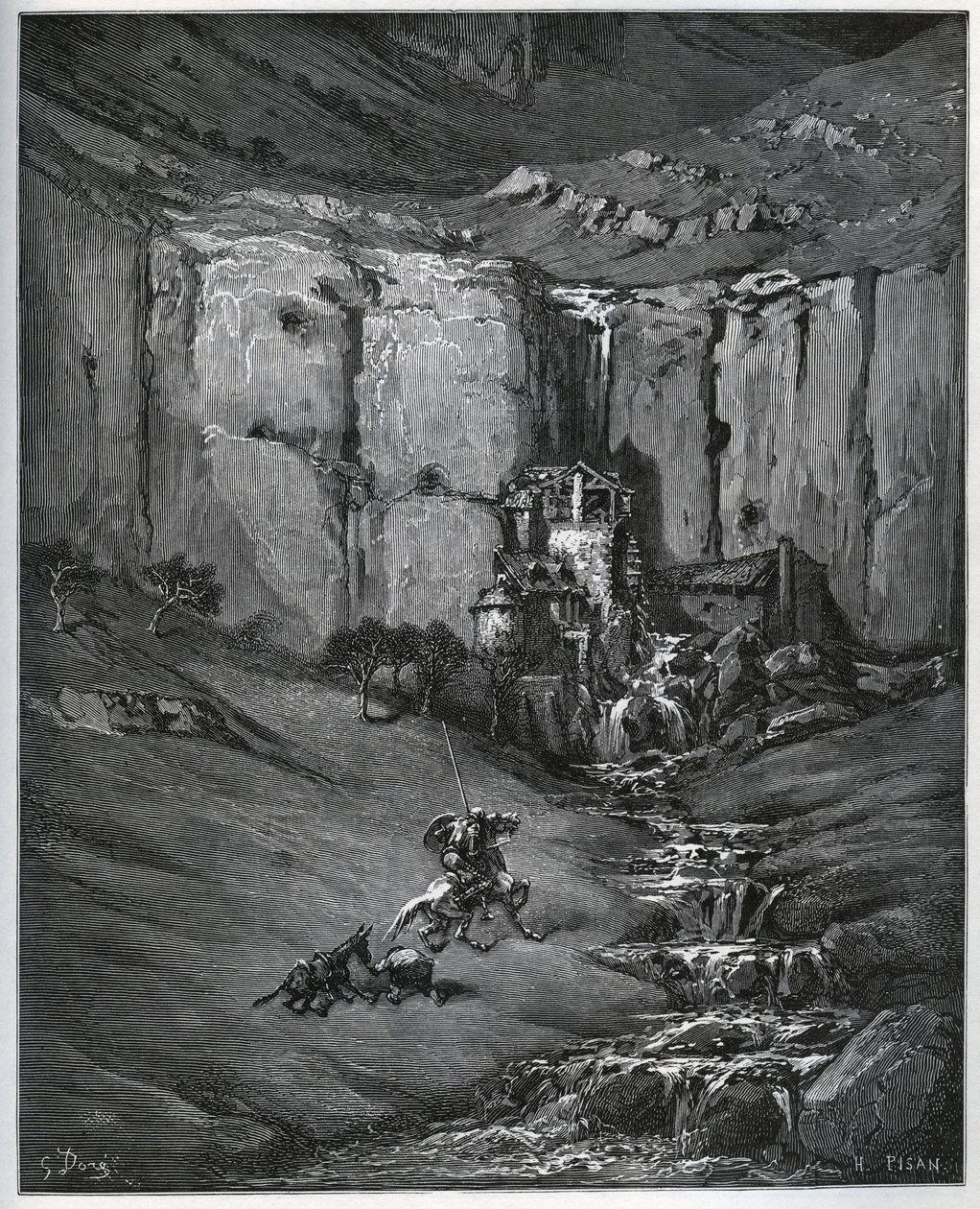 Don Quixote and Sancho Panza discover what caused their concern, a waterfall and a mill a foulon - from 