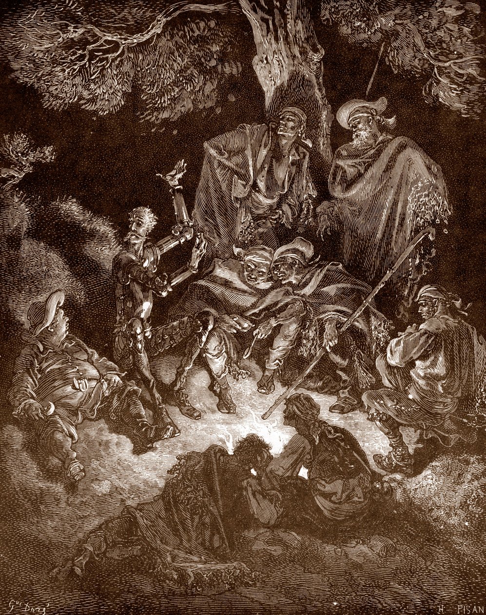 Don Quixote and Sancho Panza with the Goatherds, Engraving by Gustave Dore for 