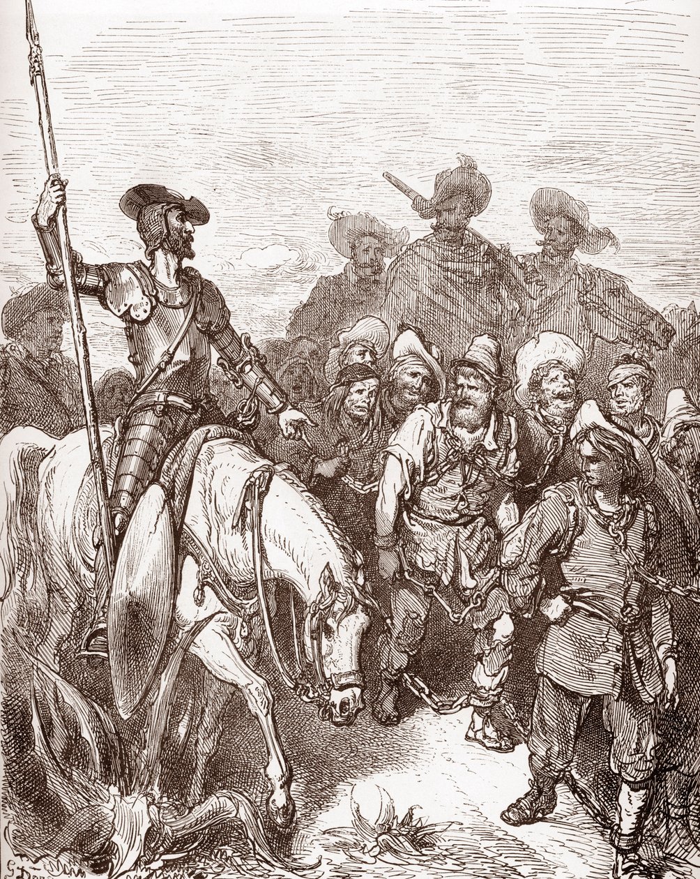 Don Quixote and Sancho Panza Interrogate the Criminals Being Led to the Galleys (Engraving by Gustave Dore for 