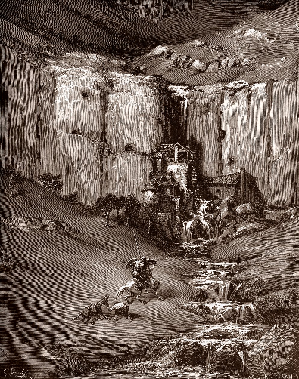Don Quixote and Sancho Panza see a waterfall and noisy hovels Engraving by Gustave Dore (1832-1883) for “The Ingenious Hidalgo Don Quixote de la Mancha” by Miguel de Cervantes (1547-1616) 1863 Private collection by Gustave Dore