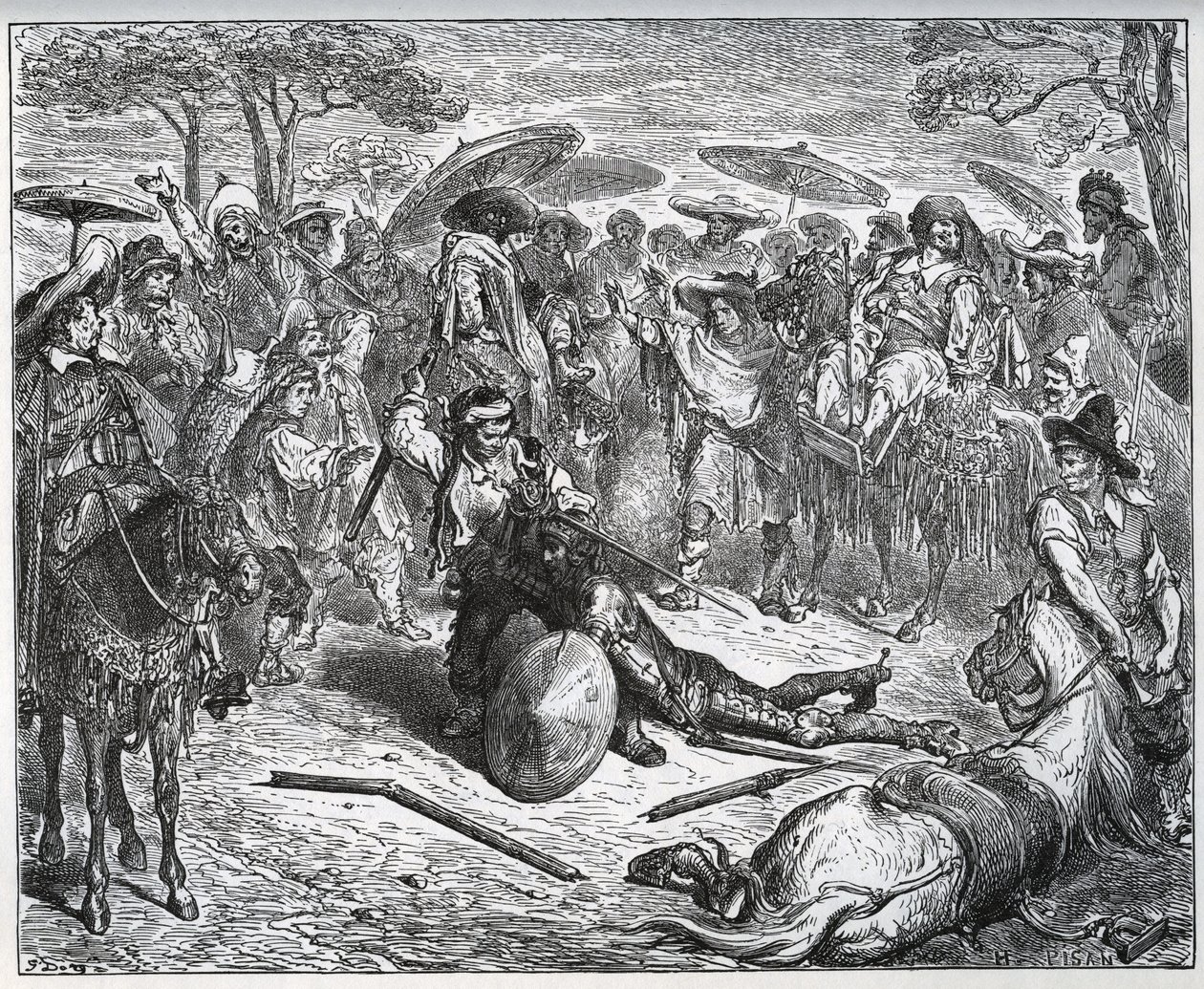 Don Quixote Beaten in the Middle of a Group of Merchants - The Mule Maker Had Taken a Taste of the Game - from "Don Quixote de la Mancha" by Miguel Cervantes by Gustave Dore