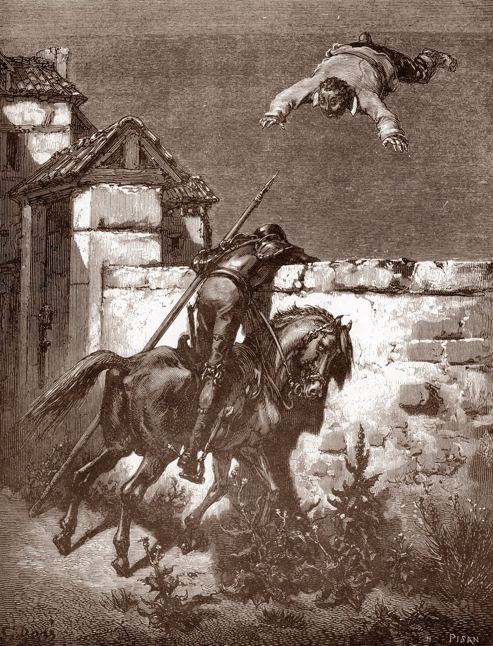 Don Quixote Fails to Stop the Launchers of Sancho Panza, Engraving by Gustave Dore for 