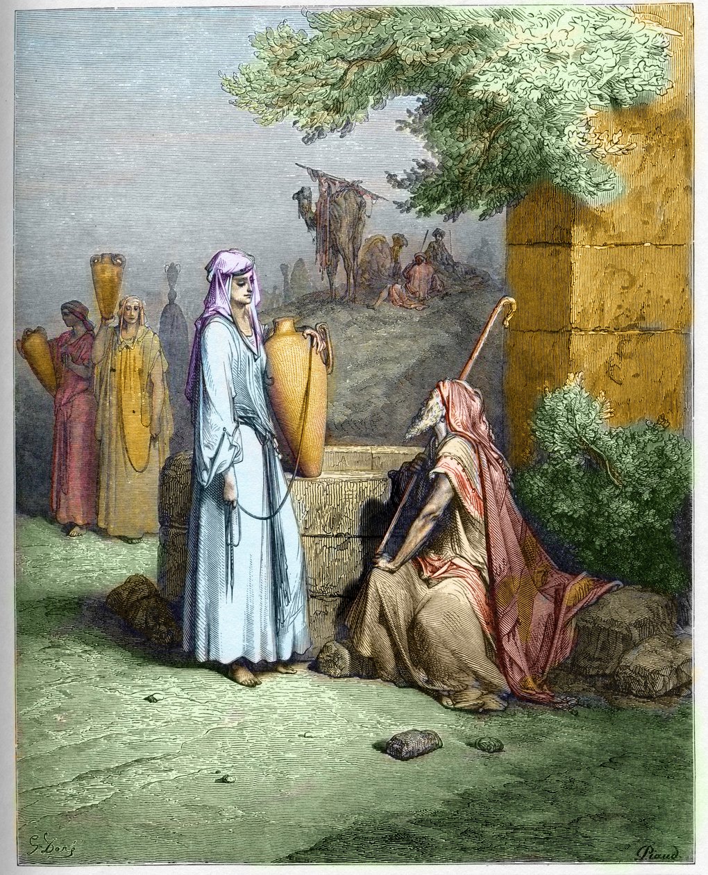 Eliezer and Rebekah - Eliezer, the servant of Abraham, is offered a drink of water by Rebekah - Eliezer and Rebecca - engraving in The Bible illustree by Gustave Dore - Engraving from The Dore Bible by Gustave Dore