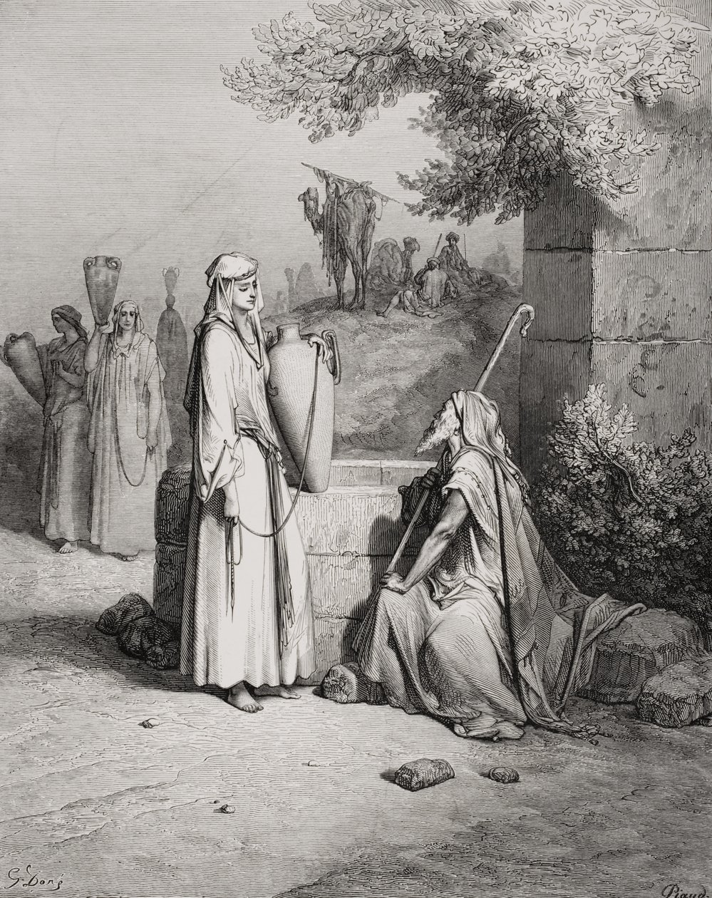 Eliezer and Rebekah, Genesis 24:15-21, Illustration from Dore