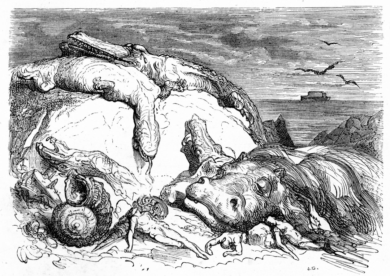 Engraving by Gustave Dore around 1850: Evocation of an Apocalyptic Deluge Combining Biblical Tradition (One Can See in the Distance the Ark of Noah on the Sea) and the Beginning of Scientific Knowledge (Various Monstrous Animals Failed on the Mountain) by Gustave Dore