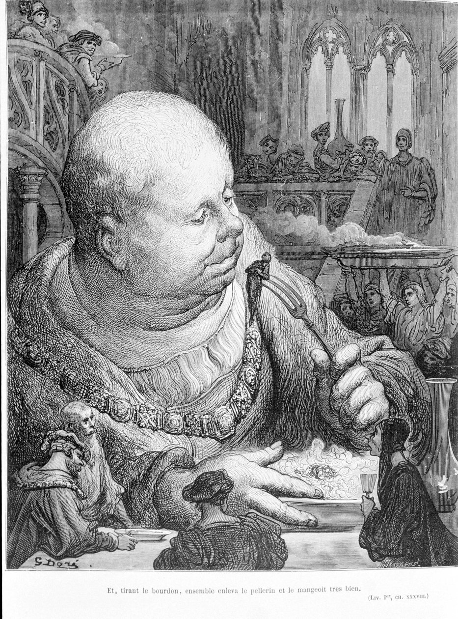Extract from Gargantua (1534) by François Rabelais: And, pulling the bumblebee, together removed the pellerin and ate it very well. Engraving by Gustave Dore by Gustave Dore
