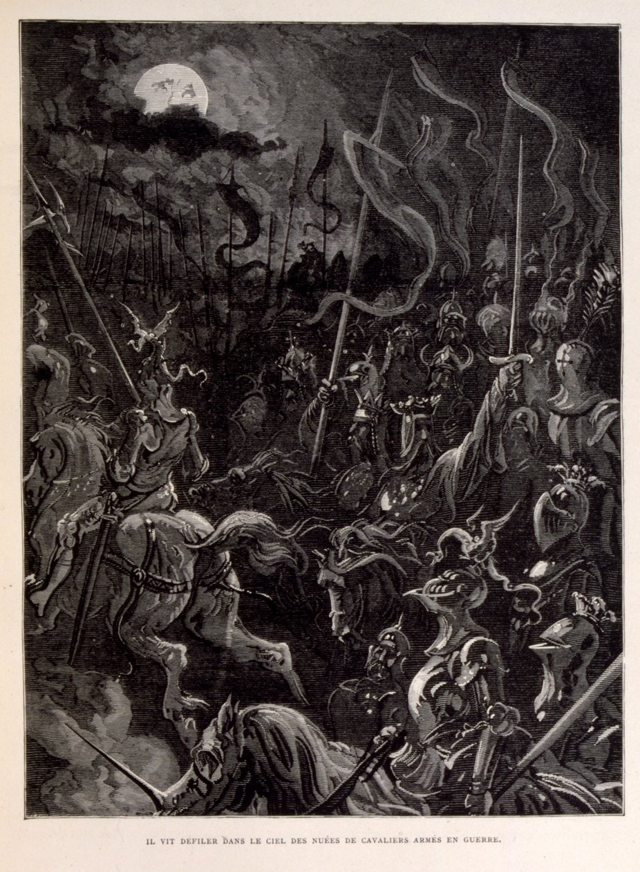 Illustration of Knights at Battle During a Moonlit Evening by Gustave Dore