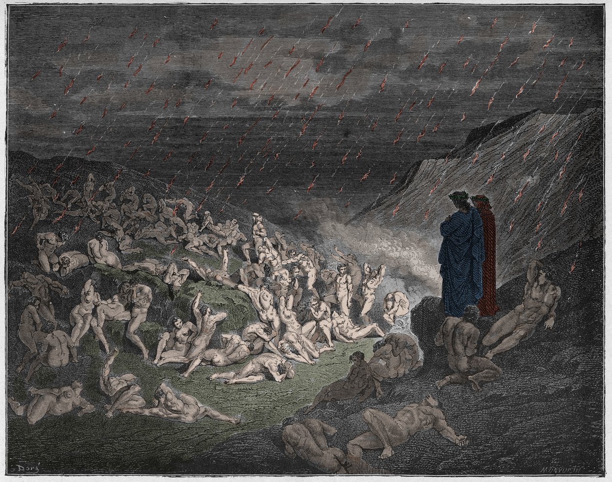 Inferno, Canto 14: The violent, tormented in the rain of fire, illustration from 
