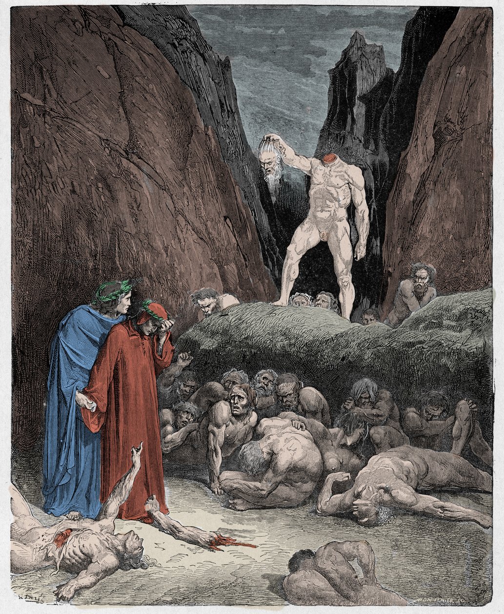 Inferno, Canto 28: The severed head of Bertran de Born speaks to Dante, illustration from 