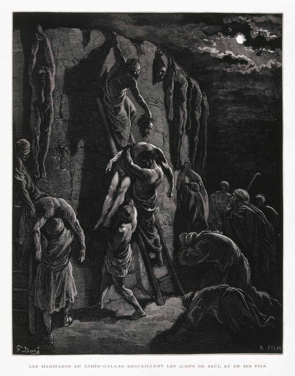 Jabesh-Gileadites Recover the Bodies of Saul and His Sons, Illustration from the Dore Bible by Gustave Dore