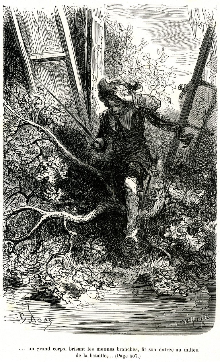 Jacquemin Lampourde, the gun in his hand, came at a point in the battle. Engraving by Gustave Dore illustrating the picaresque novel of cape and epee by Theophile Gautier 
