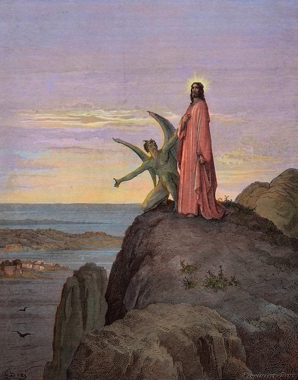 Jesus in the desert, subjected to the temptation of the devil - The temptation of Christ - Satan tempted Jesus - engraving by Gustave Dore - later colouring by Gustave Dore