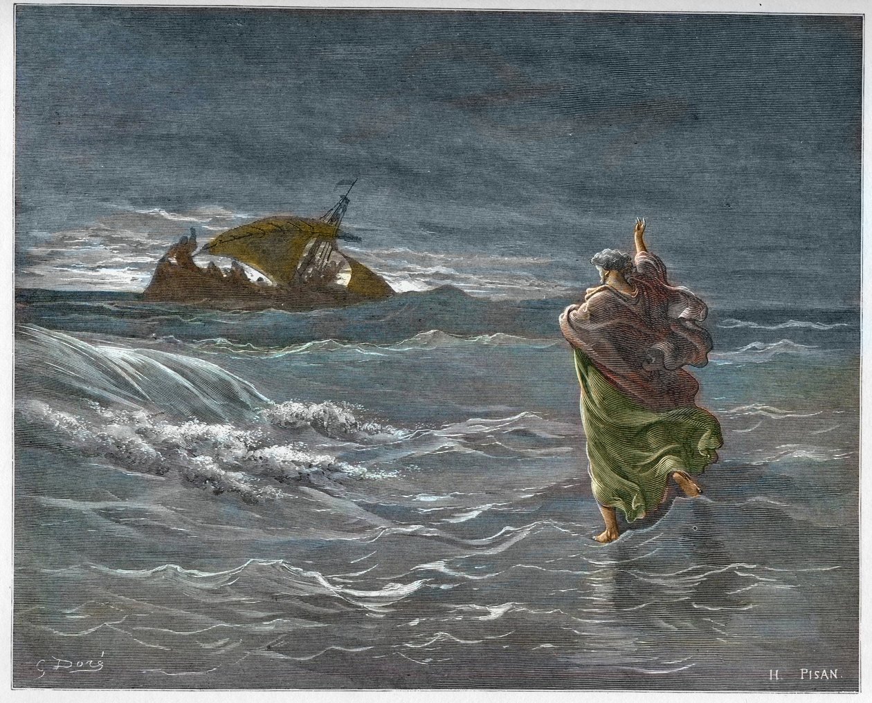 Jesus walking on the waters of Lake Tiberias - engraving in 