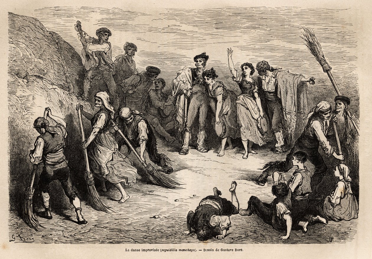La Seguidilla Manchegas, or Improvised Dance, in Albacete (province of the English Channel), Many Dancers of Both Sexes, from Different Localities Meet to Perform Dance Steps in the Galliegada (ie to Freeze a Figure Before the Movement is Completed), Here  by Gustave Dore
