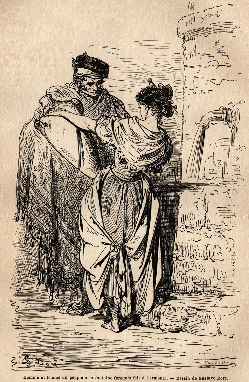 Man and woman of the people at the fountain in Carmona by Gustave Dore