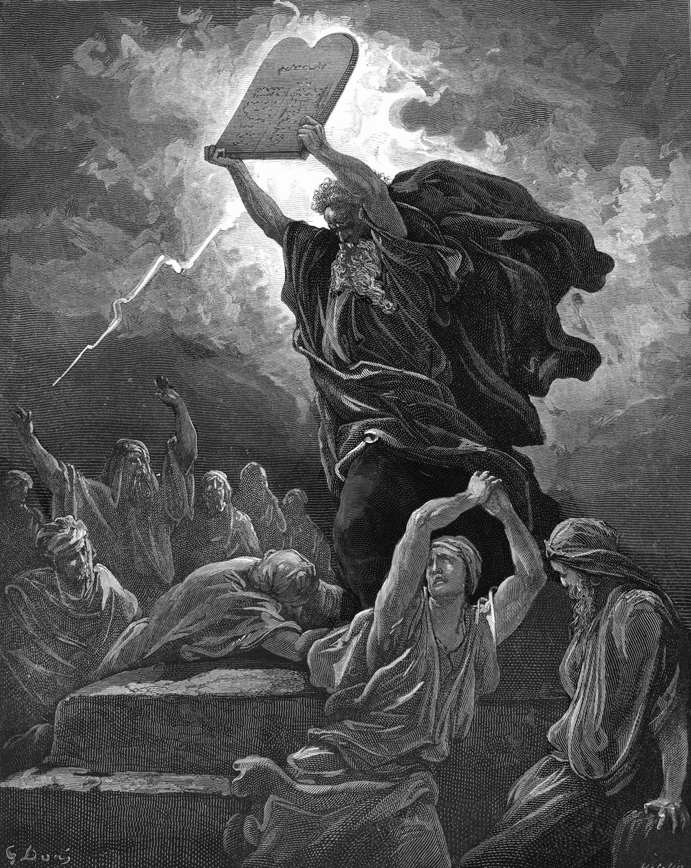 Moses Breaks the Tablets of the Law (engraving) - Bible by Gustave Dore