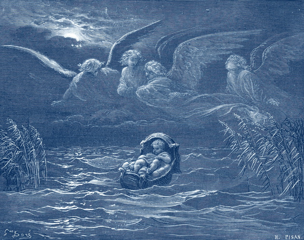 Moses on the River Nile (engraving) - Bible by Gustave Dore