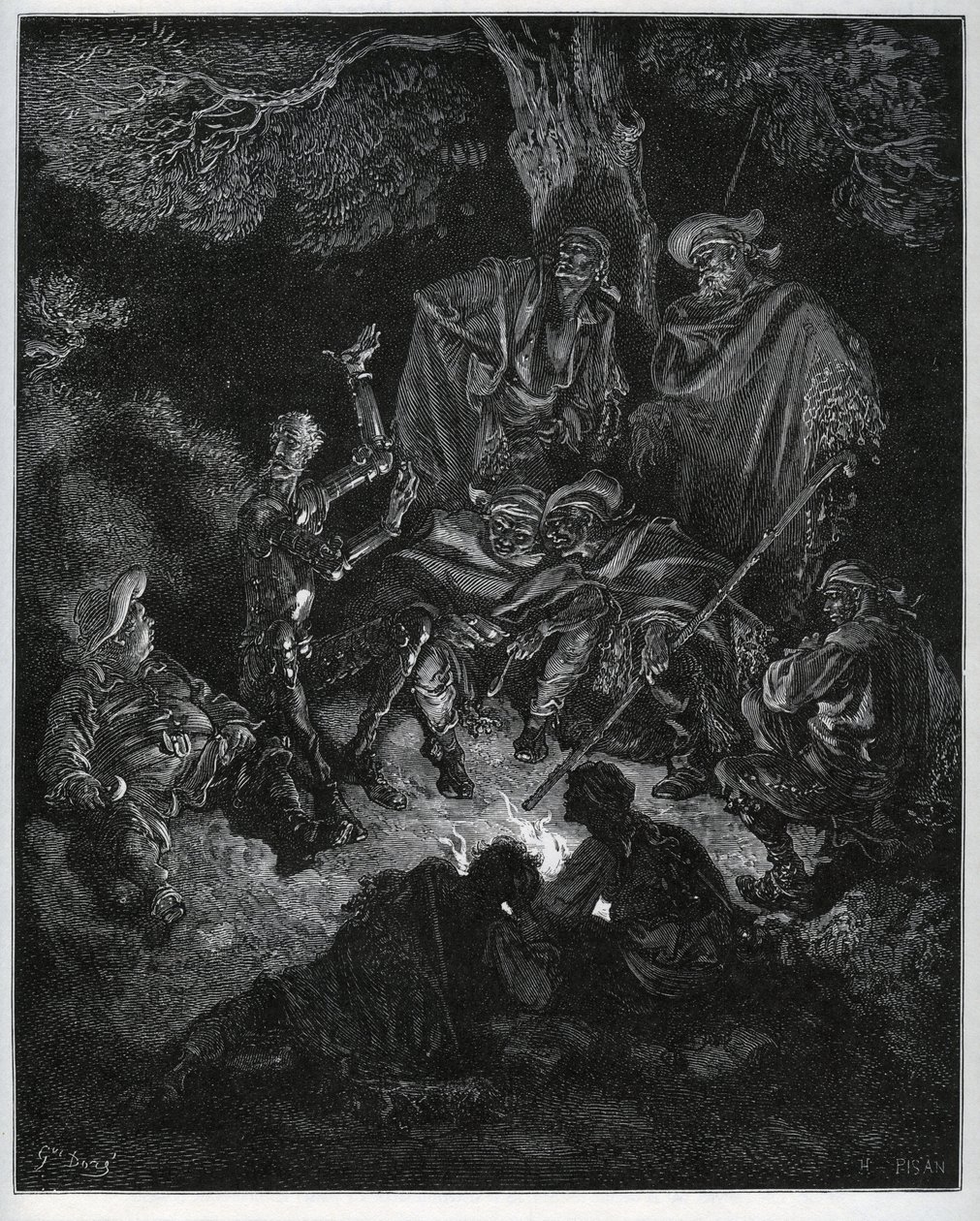 Night Light Where Don Quixote Tells the Story of the World to the Goats and Sancho Panza by Gustave Dore