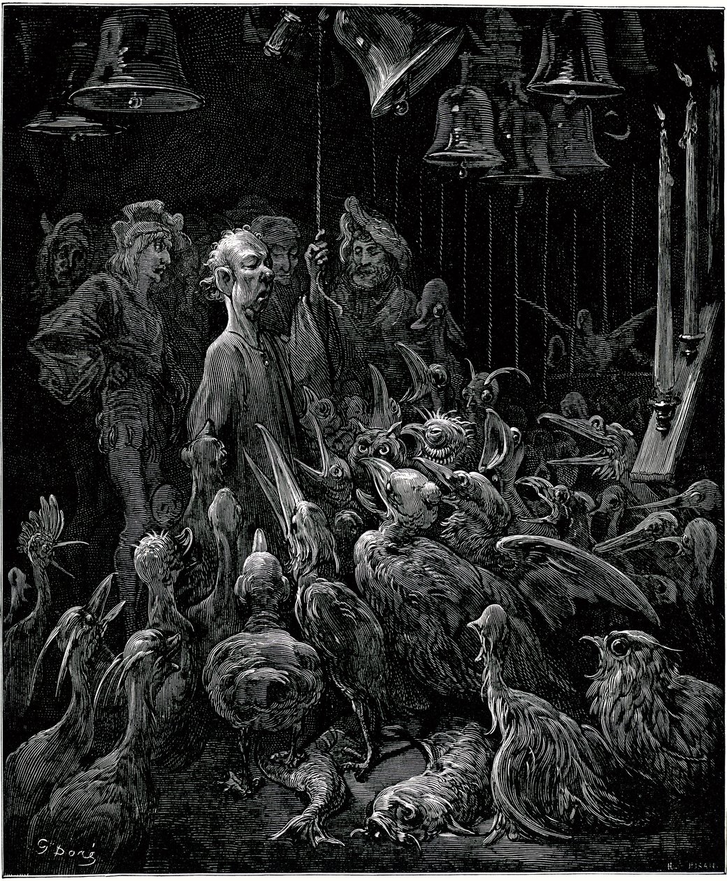 On Sonnante Island, Panurge makes birds sing by sounding the bells - illustration by Gustave Dore for complete works by Francois Rabelais - Fifth Book - Pantagruel by Gustave Dore