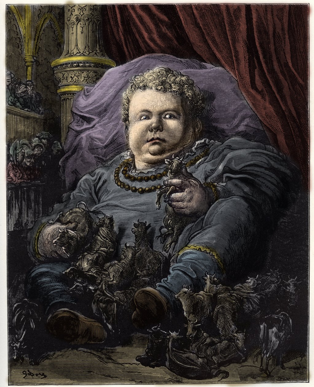 Pantagruel, son of Gargantua, is fed on the milk of 4600 cows - illustration from 