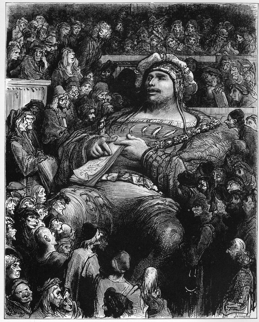 Pantagruel tests his spirits against the Parisian scientists - illustration from 