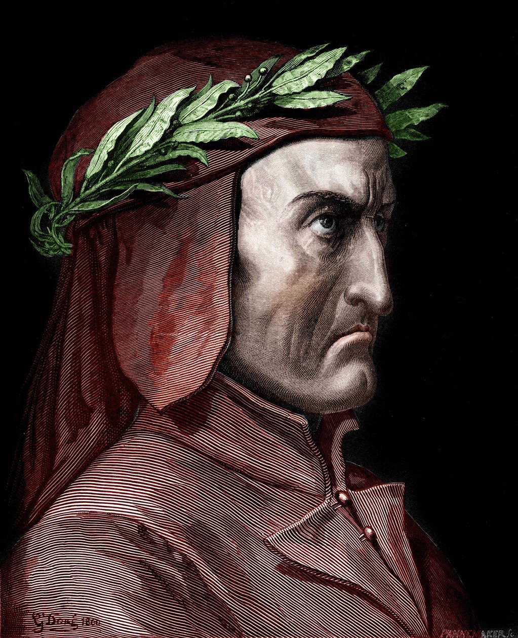 Portrait of Dante Alighieri (1265-1321), Italian writer. Engraving by Gustave Doré from 1860. by Gustave Dore