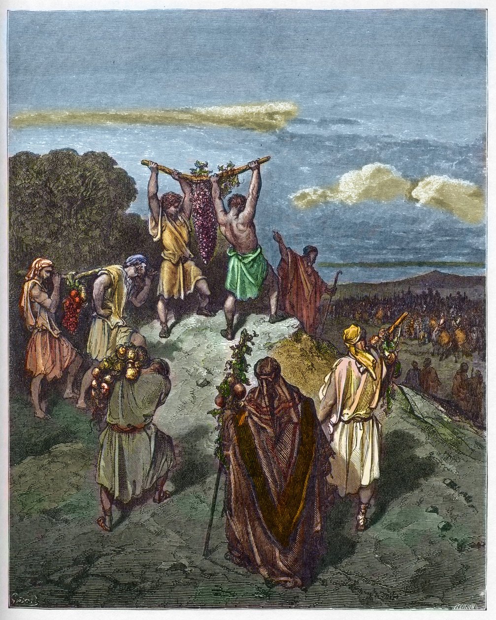 Return from the land of Canaan - The return of Joshua and Caleb with a huge bunch of grapes from the land of Canaan (engraving in The Bible illustrated by Gustave Dore) by Gustave Dore